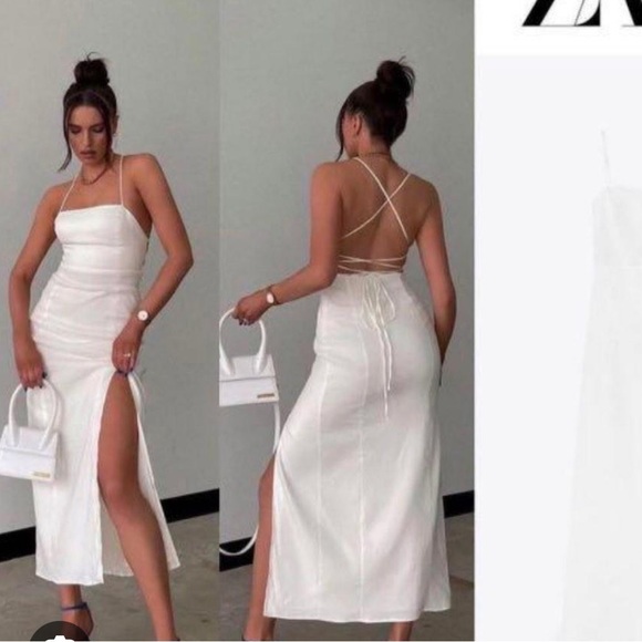 Zara white linen midi crisscross strap back dress size medium- NWT - Picture 1 of 3